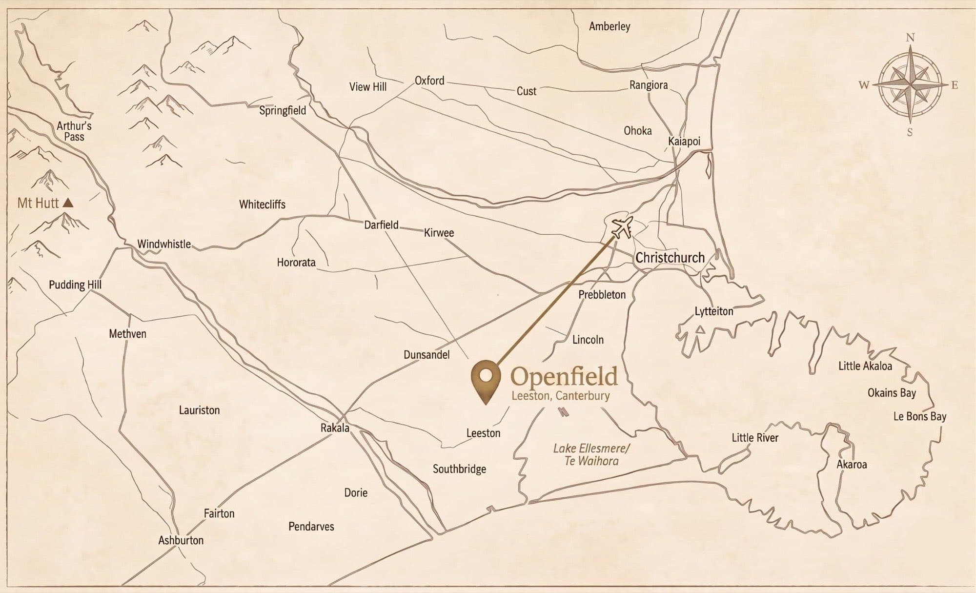 Illustrated map of Canterbury showing Openfield's location near Leeston, 40 minutes from Christchurch Airport